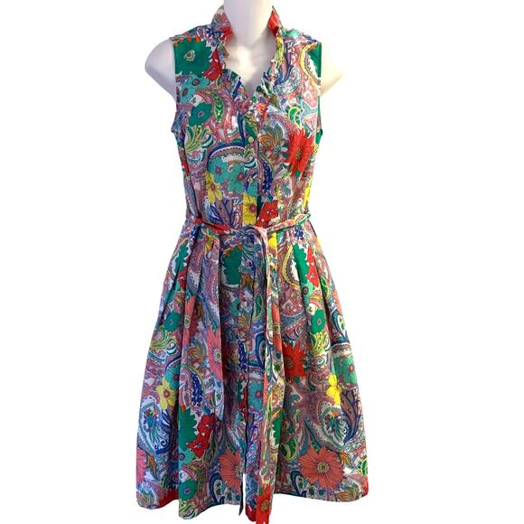 Talbots Flare Floral Paisley Print Button Down Vibrant Tie Waist Dress Pockets - Picture 1 of 10